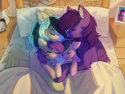 Size: 5000x3759 | Tagged: safe, artist:tyutya, derpibooru import, oc, oc:luny, oc:pestyskillengton, pegasus, pony, alarm clock, bed, clock, couple, jewelry, married couple, offspring, picture frame, ring, shipping, sleeping, wedding ring