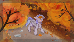 Size: 3000x1730 | Tagged: safe, artist:dsksh, derpibooru import, oc, oc only, oc:discoordination, pegasus, pony, autumn, falling leaves, folded wings, happy, leaf, leaves, leaves in hair, male, nature, open mouth, outdoors, park, pegasus oc, pegasus wings, road, solo, stallion, standing, tail, tree, two toned mane, two toned tail, unshorn fetlocks, wings