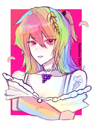 Size: 3840x5120 | Tagged: safe, artist:rdjinchuan, derpibooru import, rainbow dash, human, g4, bust, clothes, dress, female, gala dress, human female, humanized, jewelry, magenta background, necklace, simple background, solo