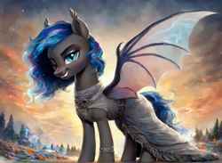 Size: 6912x5056 | Tagged: safe, ai content, derpibooru import, generator:pony diffusion v6 xl, generator:stable diffusion, machine learning generated, bat pony, pony, clothes, forest, morning, nature, one eye closed, prompter:radioglitch, skirt, smiling, smirk, tree, wink