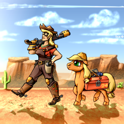 Size: 2000x2000 | Tagged: safe, artist:scarletdex8299, derpibooru import, applejack, earth pony, human, pony, g4, blueprint, cable, cactus, clothes, cowboy hat, crossover, desert, duo, duo female, engiejack, engineer (tf2), engineer gaming, female, goggles, gun, handgun, hard hat, hat, hat swap, hoers, human ponidox, humanized, knee pads, looking ahead, mesa, overalls, pistol, self paradox, self ponidox, shadow, spurs, team fortress 2, toolbox, trail, walking, weapon