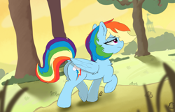 Size: 4442x2855 | Tagged: safe, artist:zzzsleepy, derpibooru import, rainbow dash, pegasus, pony, g4, butt, chest fluff, female, mare, outdoors, plot, solo, tree, underhoof, walking, wings