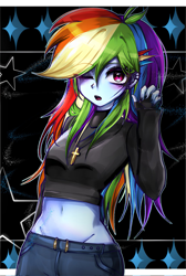 Size: 1379x2048 | Tagged: safe, artist:pulse, derpibooru import, rainbow dash, human, equestria girls, g4, belly, belly button, blushing, clothes, cross, cross necklace, ear piercing, earring, female, fingerless gloves, gloves, jewelry, looking at you, midriff, multicolored hair, necklace, one eye closed, open mouth, piercing, rainbow hair, solo