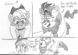 Size: 1681x1192 | Tagged: safe, artist:rosa ushiromiya, derpibooru import, applejack, autumn blaze, earth pony, kirin, pony, g4, blushing, cloven hooves, duo, duo female, female, grayscale, lesbian, mare, monochrome, open mouth, pencil drawing, ship:autumnjack, shipping, simple background, spanish, traditional art, white background