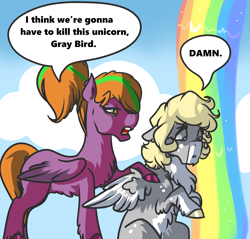 Size: 2300x2200 | Tagged: safe, artist:mylittlegodzilla, derpibooru exclusive, derpibooru import, oc, oc only, oc:beatrice creux, oc:gray bird, pegasus, dialogue, i think we're gonna have to kill this guy, meme, not derpy, rainbow waterfall, text