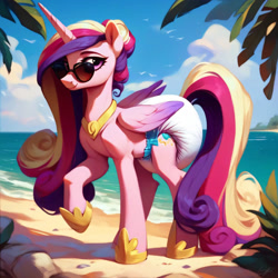 Size: 1242x1242 | Tagged: safe, ai content, derpibooru import, machine learning generated, princess cadance, pony, g4, beach, diaper, diaper fetish, fetish, poofy diaper, solo, sunglasses