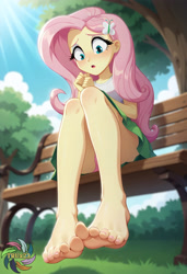 Size: 2496x3648 | Tagged: safe, ai content, derpibooru import, machine learning generated, fluttershy, human, equestria girls, g4, barefoot, bench, blurry background, clothes, day, feet, female, fetish, foot fetish, low angle, outdoors, prompter:trux23, sitting, solo, toes, tree