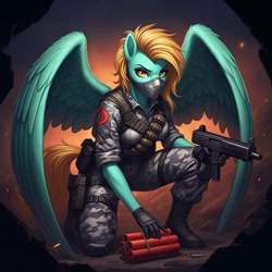 Size: 1024x1024 | Tagged: safe, ai content, derpibooru import, machine learning generated, lightning dust, anthro, pegasus, plantigrade anthro, g4, bomb, clothes, cosplay, costume, female, firefly (gi joe), g.i. joe, generator:google imagen 3.0, gun, prompter:zerowinger, solo, submachinegun, weapon