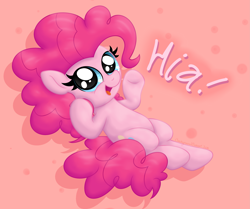 Size: 3483x2908 | Tagged: safe, artist:background basset, derpibooru import, pinkie pie, earth pony, pony, g4, abstract background, cute, dialogue, diapinkes, female, happy, looking at you, open mouth, open smile, smiling, solo, text, underhoof