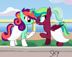 Size: 1500x1200 | Tagged: safe, artist:skycandy, derpibooru import, oc, oc only, oc:bitter soundflare, oc:skycandy, bat pony, pony, unicorn, clothes, dress, duo, duo female, female, horn, horn ring, lesbian, marriage, older, ring, wedding, wedding dress