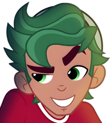 Size: 473x527 | Tagged: safe, derpibooru import, edit, edited screencap, screencap, timber spruce, human, equestria girls, g4, legend of everfree, background removed, camp everfree outfits, dreamworks face, ear, eyebrows, green eyes, hat, lighting, male, nose, red shirt, simple background, smiling, smirk, solo, teeth, transparent background