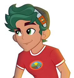 Size: 486x513 | Tagged: safe, derpibooru import, edit, edited screencap, screencap, timber spruce, human, equestria girls, g4, legend of everfree, background removed, camp everfree logo, camp everfree outfits, cute, ears, eyebrows, green eyes, hat, lighting, male, nose, raised eyebrow, red shirt, simple background, smiling, solo, transparent background