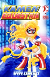 Size: 1988x3075 | Tagged: safe, artist:aleximusprime, derpibooru import, earth pony, pony, action pose, bipedal, blonde, blonde hair, blonde mane, blue eyes, clothes, comic cover, cover, cover art, female, kamen america, leotard, mask, patriotic, ponified, solo, species swap, superhero, superhero costume