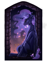 Size: 3040x4000 | Tagged: safe, artist:iyezekiil, derpibooru import, princess luna, alicorn, pony, g4, autumn leaves, ethereal mane, eyebrows, eyebrows visible through hair, eyes closed, female, leaves, mare, night, signature, sitting, solo, windowsill