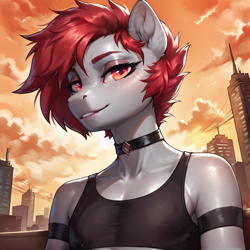 Size: 2400x2400 | Tagged: safe, ai content, derpibooru import, generator:pony diffusion v6 xl, generator:stable diffusion, machine learning generated, oc, oc only, oc:raven blood, anthro, pegasus, choker, city, clothes, cloud, eyeshadow, femboy, gray coat, looking at you, makeup, male, orange sky, outdoors, prompter:infernum, red eyes, red eyeshadow, red mane, short shirt, sky, skyscraper, smiling, smiling at you