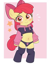 Size: 2048x2560 | Tagged: safe, ai content, derpibooru import, machine learning assisted, apple bloom, earth pony, pony, semi-anthro, g4, belly, belly button, bipedal, blushing, clothes, crop top hoodie, emanata, female, filly, foal, looking at you, outline, paggi outfit, panties, passepartout, pink background, prompter:credus, simple background, smiling, smiling at you, socks, solo, stars, sweat, sweatdrops, thigh highs, underwear, white outline