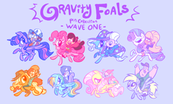 Size: 2048x1228 | Tagged: safe, artist:janegumball, derpibooru import, part of a set, applejack, derpy hooves, fluttershy, pinkie pie, rainbow dash, rarity, trixie, twilight sparkle, twilight sparkle (alicorn), alicorn, earth pony, gnome, human, pegasus, pony, unicorn, g4, acne, advertisement, alternate cutie mark, alternate eye color, ankle socks, applejack's hat, arms in the air, bangs, baseball cap, belt, big eyes, big head, bipedal, blonde, blonde hair, blonde mane, blonde tail, blue background, blue coat, blue eyes, blue eyeshadow, blue mane, blue tail, boots, braces, brooch, brown hair, bucktooth, cap, cape, clothes, colored, colored nose, cowboy hat, crossover, curly hair, curly mane, curly tail, denim, derp, diplight, dipper pines, dress, dress pants, duo, duo female, duo male and female, ear piercing, earring, eye clipping through hair, eyebrows, eyebrows visible through hair, eyelashes, eyeshadow, female, flag, flannel, flat colors, flying, folded wings, for sale, freckles, friendshipping, frown, furrowed brow, galloping, gideon gleeful, golden eyes, gravity falls, gray coat, gray hoodie, green background, green eyes, group, hat, headband, helix piercing, holding book, holding hat, hoodie, hooped earrings, horn, human male, humans riding ponies, jacket, jeans, jewelry, lidded eyes, light skin, long mane, long tail, looking at each other, looking at someone, looking back, mabel pines, makeup, male, mane six, mare, muddy boots, multicolored hair, narrowed eyes, necktie, open frown, open mouth, open smile, orange coat, pacifica northwest, pale skin, panicking, pants, piercing, pink mane, pink sweater, pink tail, pleated skirt, ponytail, profile, puking rainbows, pun, purple background, purple coat, purple dress, purple eyes, purple eyeshadow, purple hair, purple mane, purple skirt, purple tail, purple text, quartet, rainbow hair, rainbow tail, raised arm, raised hoof, raised leg, red hair, redhead, riding, riding a pony, ringlets, robbie valentino, running, shirt, shoes, shrunken pupils, signature, simple background, skinny jeans, skirt, smiling, smiling at each other, smiling at someone, soos, sparkly eyes, sparkly mane, sparkly tail, spread wings, standing, standing on one leg, starry eyes, straight mane, straight tail, striped mane, striped tail, stubble, suit, sweater, t-shirt, tail, tan skin, text, thick eyelashes, thin, three toned mane, three toned tail, tied hair, tied mane, tied tail, trixie's brooch, trixie's cape, trixie's hat, turtleneck, turtleneck sweater, tuxedo, two toned mane, two toned tail, unamused, unicorn horn, united states, vest, vomit, vomiting, wall of tags, wendy corduroy, white coat, white hair, wingding eyes, wings, winter cap, yellow coat