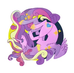 Size: 942x930 | Tagged: safe, artist:cutesykill, derpibooru import, princess cadance, alicorn, pony, g4, beanbrows, circle background, colored eyebrows, colored eyelashes, colored pinnae, crown, curled up, curly hair, curly mane, curly tail, ear piercing, earring, ears, eyebrows, female, floppy ears, gray eyebrows, hoof shoes, horn, jewelry, mare, old art, partially open wings, peytral, piercing, pink coat, princess shoes, profile, regalia, simple background, solo, sparkles, striped horn, tail, three toned mane, three toned tail, tiara, unicorn horn, white background, wings