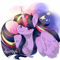 Size: 2048x2048 | Tagged: safe, artist:mikkybun, derpibooru import, twilight sparkle, twilight sparkle (alicorn), alicorn, pony, g4, bust, chest fluff, female, mare, shoulder blush, signature, simple background, solo, white background