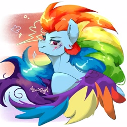 Size: 2048x2048 | Tagged: safe, artist:mikkybun, derpibooru import, rainbow dash, pegasus, pony, g4, bust, female, lidded eyes, looking at you, looking back, looking back at you, mare, rainbow power, signature, simple background, smiling, smiling at you, solo, white background