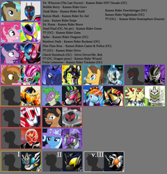 Size: 1692x1761 | Tagged: safe, artist:kamenriderpegasus, derpibooru import, bubble berry, button mash, doctor whooves, dusk shine, flam, flim, pinkie pie, princess luna, rainbow dash, spike, trixie, twilight sparkle, oc, g4, brothers, chart, flim flam brothers, gamer luna, identical twins, kamen rider, kamen rider brave, kamen rider build, kamen rider decade, kamen rider drive, kamen rider ex-aid, kamen rider fourze, kamen rider gaim, kamen rider gavv, kamen rider genm, kamen rider snipe, kamen rider wizard, list, older, older spike, rule 63, siblings, twin brothers, twins