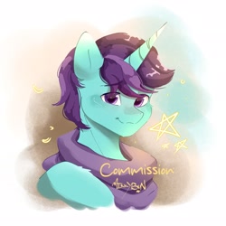 Size: 2048x2048 | Tagged: safe, artist:mikkybun, derpibooru import, oc, oc only, pony, unicorn, bust, clothes, commission, eyebrows, eyebrows visible through hair, horn, looking at you, male, scarf, signature, smiling, smiling at you, solo, stallion