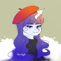 Size: 2048x2048 | Tagged: safe, artist:mikkybun, derpibooru import, rarity, pony, unicorn, g4, beatnik rarity, beret, blushing, bust, clothes, female, hat, horn, looking at you, mare, signature, simple background, smiling, smiling at you, solo, sweater