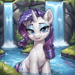 Size: 1024x1024 | Tagged: safe, ai content, derpibooru import, generator:pony diffusion v6 xl, generator:stable diffusion, machine learning generated, rarity, pony, unicorn, g4, ear fluff, ears, horn, prompter:thelight3d, solo, water, waterfall, wet