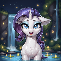 Size: 1024x1024 | Tagged: safe, ai content, derpibooru import, generator:pony diffusion v6 xl, generator:stable diffusion, machine learning generated, rarity, firefly (insect), insect, pony, unicorn, g4, ear fluff, ears, floppy ears, horn, night, open mouth, open smile, prompter:thelight3d, smiling, solo, water, waterfall, wet