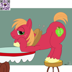 Size: 2000x2000 | Tagged: safe, artist:wyntermoon, derpibooru import, big macintosh, earth pony, pony, g4, ass up, big backintosh, butt, freckles, horse collar, leaning, looking at you, male, plot, qr code, solo, stallion, stool, table, the ass was fat