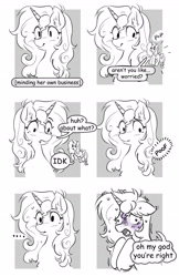 Size: 2100x3246 | Tagged: safe, artist:opalacorn, derpibooru import, oc, oc only, pony, unicorn, ..., anxiety, black and white, bust, dialogue, ears, female, floppy ears, grayscale, horn, mare, monochrome, partial color, solo