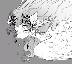 Size: 3000x2648 | Tagged: safe, artist:opalacorn, derpibooru import, oc, oc only, oc:void, pegasus, pony, black and white, bust, female, gray background, grayscale, laurel wreath, mare, monochrome, neck wings, nose piercing, nose ring, piercing, simple background, solo