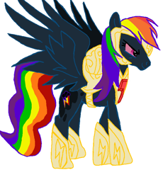 Size: 690x750 | Tagged: safe, artist:qjosh, derpibooru import, rainbow dash, pegasus, pony, g4, bevor, boots, chestplate, corrupted element of harmony, corrupted element of loyalty, darkened coat, darkened hair, element of harmony, element of loyalty, female, flanchards, helmet, mare, nightmare rainbow dash, nightmarified, pauldrant, rerebrant, saddle, shoes, simple background, slit eyes, solo, tack, transformation, transformation sequence, white background