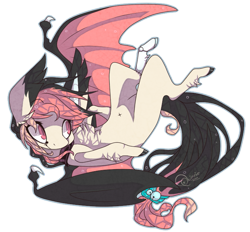 Size: 727x675 | Tagged: safe, artist:aspenglowe, derpibooru import, oc, oc only, bat pony, pony, 2014, bat pony oc, black tail, cream coat, pink eyes, pink mane, pink wings, simple background, smiling, solo, tail, transparent background, wings