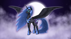 Size: 2650x1440 | Tagged: safe, artist:argent arms, derpibooru import, nightmare moon, alicorn, pony, g4, cloud, cloudy, ethereal mane, ethereal tail, female, full body, full moon, helmet, hoof shoes, horn, mare, moon, night, night sky, princess shoes, royalty, sky, solo, spread wings, starry mane, starry tail, stars, tail, wings