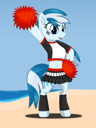 Size: 1875x2500 | Tagged: safe, artist:the_mpc, derpibooru import, oc, oc:serene dive, anthro, earth pony, pony, unguligrade anthro, arm hooves, beach, bipedal, breasts, cheerleader, cheerleader outfit, chestbreasts, clothes, clothing, excited, happy, leggings, looking at you, ocean, outdoors, pom pom, skirt, solo, tanktop, water