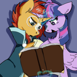 Size: 1080x1080 | Tagged: safe, artist:咸茶吾良夜, derpibooru import, sunburst, twilight sparkle, twilight sparkle (alicorn), alicorn, g4, book, duo, duo male and female, female, male, shipping, straight, twiburst