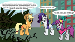 Size: 1920x1080 | Tagged: safe, artist:platinumdrop, derpibooru import, applejack, rarity, silver berry, g4, made in manehattan, black vine, commission, dialogue, happy, smiling, speech bubble, talking