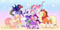 Size: 1280x644 | Tagged: safe, artist:sadelinav, derpibooru import, angel bunny, applejack, fluttershy, pinkie pie, rainbow dash, rarity, spike, twilight sparkle, unicorn twilight, bat pony, dragon, earth pony, pegasus, pony, unicorn, g4, alternate accessories, alternate coat color, alternate color palette, alternate cutie mark, alternate design, alternate eye color, alternate hairstyle, alternate mane color, alternate tail color, alternate tailstyle, appaloosa, applejack's hat, applejacked, bandana, bangs, bat ponified, blaze (coat marking), blonde, blonde mane, blonde tail, blue coat, blue eyes, blue hooves, blue pupils, bracer, braid, braided ponytail, braided tail, brown eyelashes, clothes, cloven hooves, coat markings, colored eyelashes, colored fetlocks, colored head, colored hooves, colored horntip, colored muzzle, colored pupils, colored wings, cowboy hat, crossed arms, curly hair, curly mane, curly tail, cutie mark accessory, cutie mark earrings, ear piercing, ear tufts, earring, earth pony fluttershy, eye clipping through hair, eye markings, eyebrows, eyebrows visible through hair, eyeshadow, facial markings, facial scar, fangs, female, fetlock tuft, flying, freckles, frowjn, golden eyes, gradient background, gradient legs, gradient mane, gradient tail, green eyes, green pupils, hair tie, hat, height difference, heterochromia, holding, hooves, horn, horn jewelry, horn ring, impossibly long mane, impossibly long tail, jewelry, lidded eyes, long horn, long mane, long tail, looking at someone, looking at you, magenta eyelashes, magenta pupils, makeup, male, mane seven, mane six, mane six redesign, mare, multicolored mane, multicolored tail, multicolored wings, multicolored wingtips, muscles, neckerchief, nose scar, open mouth, open smile, orange coat, orange hooves, orange pupils, pale muzzle, pegasus pinkie pie, peytral, physique difference, piercing, pink coat, pink eyelashes, pink eyes, pink mane, pink tail, ponytail, profile, purple coat, purple eyelashes, purple eyeshadow, purple hooves, purple mane, purple scales, purple tail, race swap, rainbowbat, raised hoof, raised leg, redesign, ring, scar, shiny hooves, shiny mane, shiny tail, shiny wings, signature, slit eyes, smiling, smiling at you, smoldash, socks (coat marking), sparkles, sparkly mane, sparkly tail, spread wings, standing, standing on three hooves, stars, stetson, straight mane, straight tail, striped mane, striped tail, tail, tail tie, three quarter view, three toned mane, three toned tail, tied mane, tied tail, two toned horn, two toned wings, underhoof, unicorn horn, unshorn fetlocks, wall of tags, wavy mane, wavy tail, white coat, wingless spike, wings, yellow coat, yellow hooves