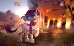 Size: 4800x3000 | Tagged: safe, artist:sparkling_light, derpibooru import, oc, oc only, pony, unicorn, autumn, clothes, female, horn, leaves, scarf, striped scarf, tree, unshorn fetlocks