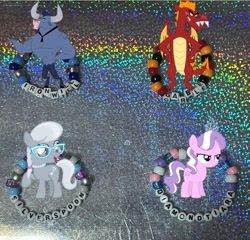 Size: 750x720 | Tagged: safe, artist:lnx1ynight16, derpibooru import, part of a set, diamond tiara, garble, iron will, silver spoon, dragon, earth pony, minotaur, pony, g4, antagonist, bracelet, bully, glasses, jerk, jewelry, kandi, smiling, tiara