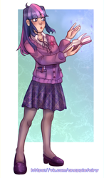 Size: 2300x3940 | Tagged: safe, artist:anapplefairy, derpibooru import, twilight sparkle, human, g4, :o, alternate hairstyle, book, cardigan, clothes, female, humanized, magic, nail polish, notepad, open mouth, passepartout, pen, pencil, shoes, skirt, socks, solo, stockings, thigh highs