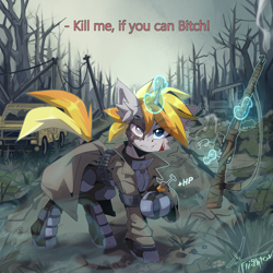 Size: 3000x3000 | Tagged: safe, artist:flightov, derpibooru import, oc, oc only, pony, unicorn, fallout equestria, ammunition, ammunition belt, armor, blue eyes, bolt action, bolt-action rifle, car, clothes, dead tree, detailed background, female, gray coat, gun, heterochromia, horn, injured, looking at you, magic, mare, mosin nagant, ncr ranger, ranger, rifle, scar, sniper rifle, solo, stimpak, telekinesis, tree, wasteland, weapon, wreckage, yellow mane