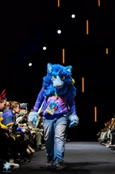 Size: 1363x2048 | Tagged: safe, artist:rs_glide08, artist:scarletwingsfs, derpibooru import, oc, oc only, oc:blue sky, 2024, fashion show, fursuit, irl, photo, ponysuit, solo focus