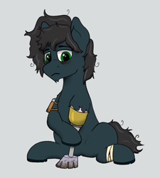 Size: 991x1102 | Tagged: safe, artist:rusty kettle, derpibooru import, oc, oc only, oc:essen pottington, earth pony, pony, fallout equestria, amputee, bags under eyes, bandage, blue coat, earth pony oc, fallout equestria: magnum opus, green eyes, male, prosthetic leg, prosthetic limb, prosthetics, solo, stallion