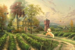 Size: 1200x796 | Tagged: safe, artist:thomas kinkade, derpibooru import, edit, applejack, bird, dog, earth pony, pony, g4, barrel, chimney, cloud, cowboy hat, door, female, fence, food, gazebo, grapes, happy, hat, hill, hot air balloon, house, jumping, leaping, mare, nature, painting, scenery, signature, sky, solo, sun, sunset, traditional art, tree, windmill, window