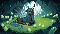 Size: 3840x2176 | Tagged: safe, ai content, derpibooru import, machine learning generated, queen chrysalis, changeling, changeling queen, g4, cave, changeling egg, curved horn, female, generator:tponynai3, grass, hive, horn, looking at you, lying down, mommy chrissy, moss, prompter:truekry, slit eyes, solo, spread wings, wallpaper, wings