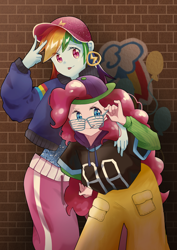 Size: 2480x3508 | Tagged: safe, artist:パイナップルちゃん, derpibooru import, pinkie pie, rainbow dash, human, equestria girls, g4, :p, backwards ballcap, baseball cap, brick wall, cap, duo, duo female, female, hat, looking at you, mc pinkie, peace sign, rapper dash, rapper pie, shutter shades, smiling, sunglasses, tongue, tongue out