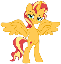 Size: 1480x1550 | Tagged: safe, artist:savage-bases, artist:twilyisbestpone, derpibooru import, sunset shimmer, alicorn, pony, g4, alicornified, base used, bipedal, evil smile, female, grin, looking at you, mare, race swap, shimmercorn, shrug, shrugset shimmer, simple background, smiling, smug, smugset shimmer, solo, spread wings, transparent background, wings