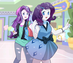 Size: 4000x3508 | Tagged: safe, artist:パイナップルちゃん, derpibooru import, rarity, starlight glimmer, human, equestria girls, g4, anime style, arm grab, bag, beanie, canterlot mall, clothes, dress, duo, duo female, female, food, hat, ice cream, ice cream cone, mall, nail polish, open mouth, shopping bag, smiling, that pony sure does love ice cream, vest